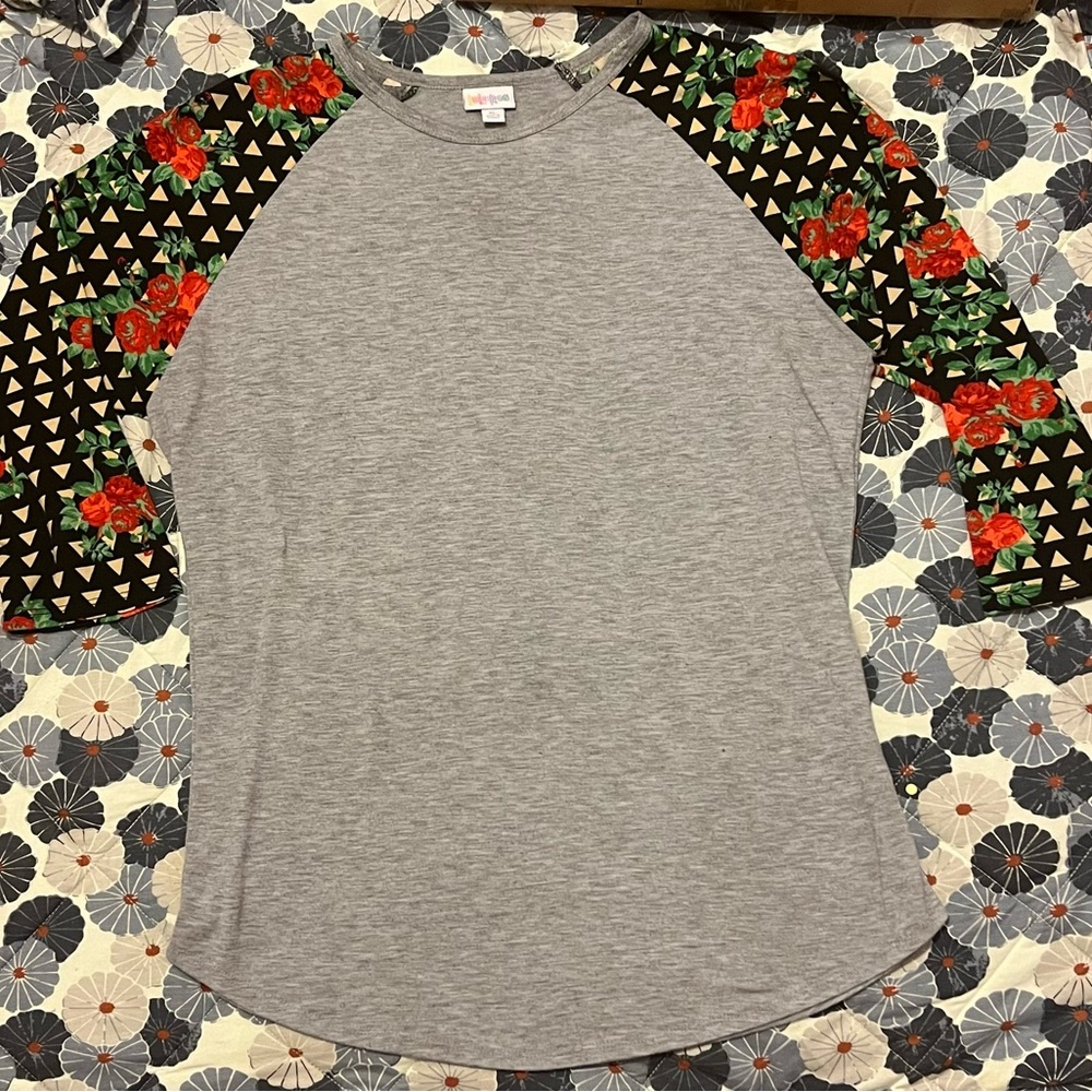 LuLaRoe women’s size XL gray baseball tee shirt with rose printed sleeves